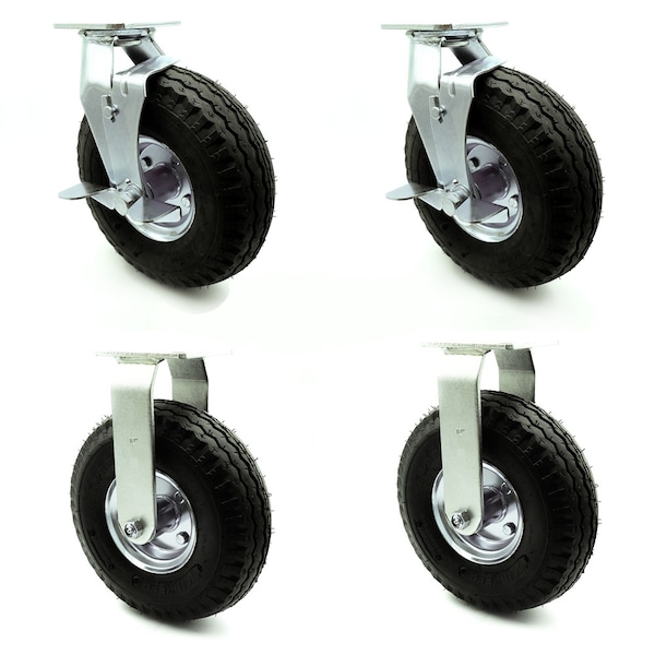 Service Caster 10 Inch Black Pneumatic Wheel Caster Swivel with Brakes and 2 Rigid SCC, 2PK SCC-100S3504-PNB-TLB-2-R3504-2 - main